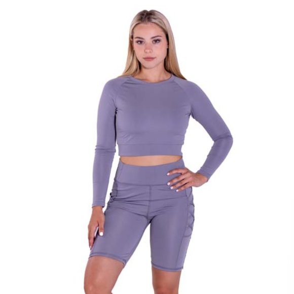 Long Sleeve Purple Crop Top And Biker Short Set - Picture 1 of 7